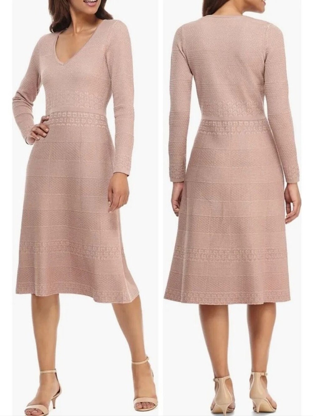 New Gal Meets Glam Heidi Mixed Stitch Long Sleeve Midi Sweater Dress Mauve Med